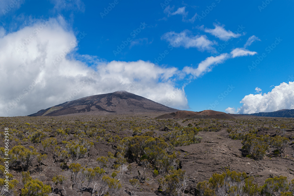 le piton de la fournaise, réunion island : inside the enclosire of the volcano, panoramic view. le piton de la fournaise, réunion island : inside the enclosire of the volcano, panoramic view.