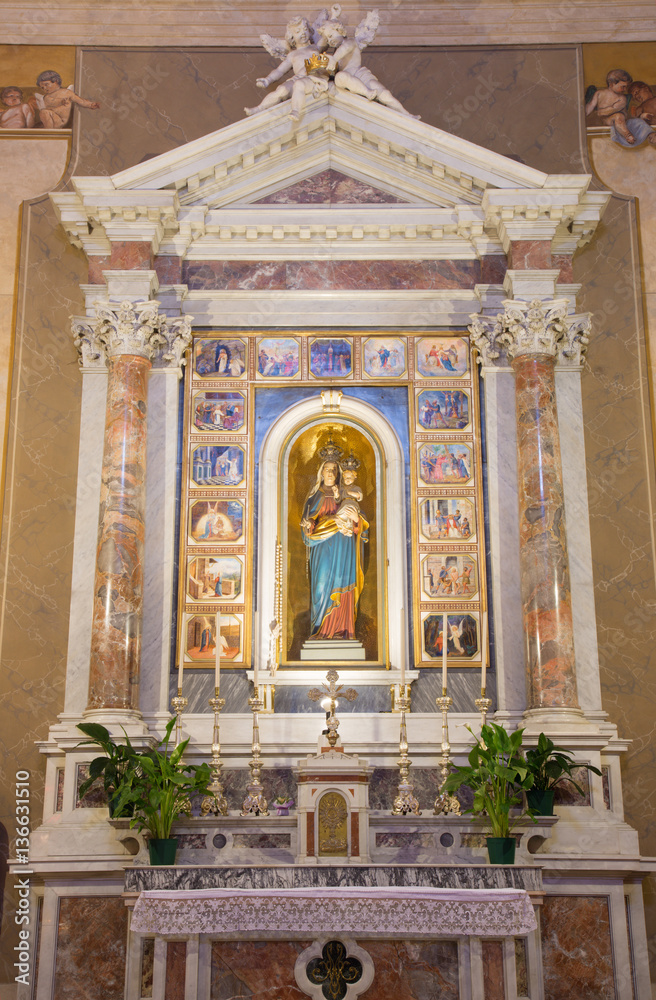 BRESCIA, ITALY - MAY 22, 2016: The side altar of Madonna of Rosary in church Chiesa di Christo Re.