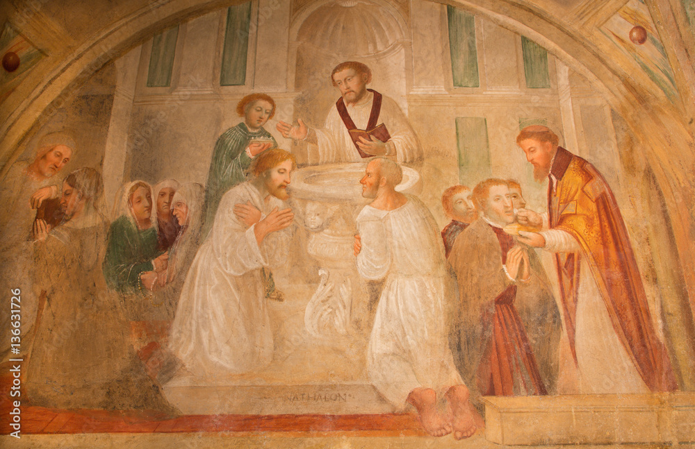 BRESCIA, ITALY - MAY 21, 2016: The fresco of Baptism and Communion in church Chiesa di San Pietro in Olvieto by Paolo da Caylina il Giovane (1485 - 1545).