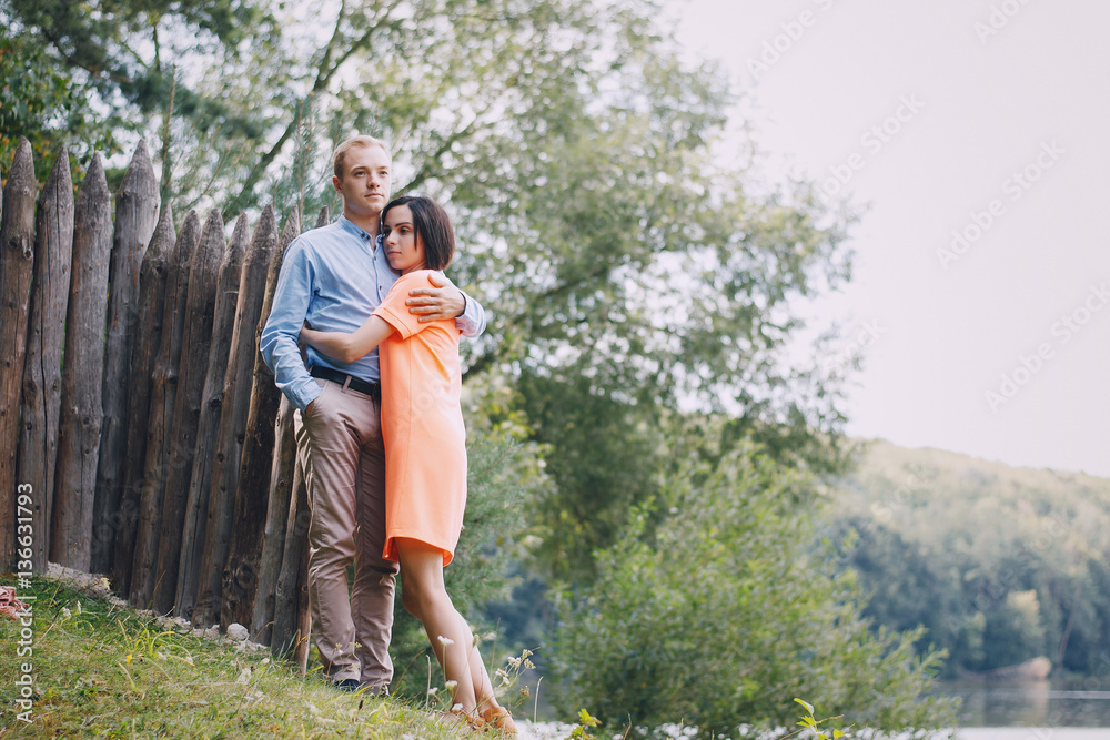 loving couple walking park