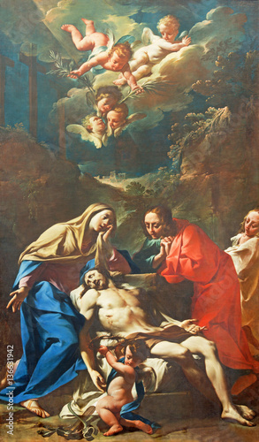 BRESCIA, ITALY - MAY 21, 2016: The painting of Pieta with the St. John the Evengelist in church Chiesa di San Zeno by Francesco Monti (1685 - 1768).