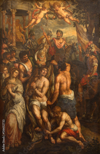 BRUSSELS, BELGIUM - JUNE 15, 2014: Painting of the Martyrdom in Notre Dame de la Chapelle.