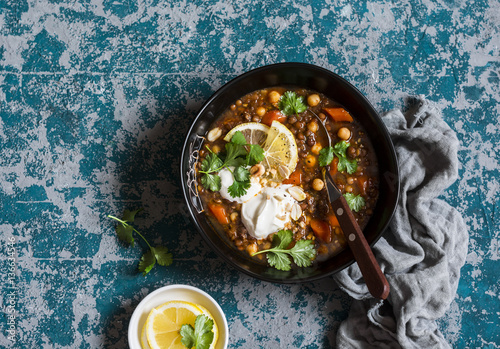 Moroccan lentil and chickpea soup. Vegetarian healthy food concept. Top view