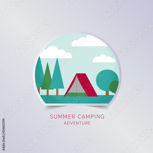 Summer camping greeting card typography flyer template with lettering. Poster, card, label, banner design set. Vector illustration