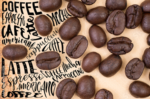 Top view of roasted coffee beans with Typography. use for backgr