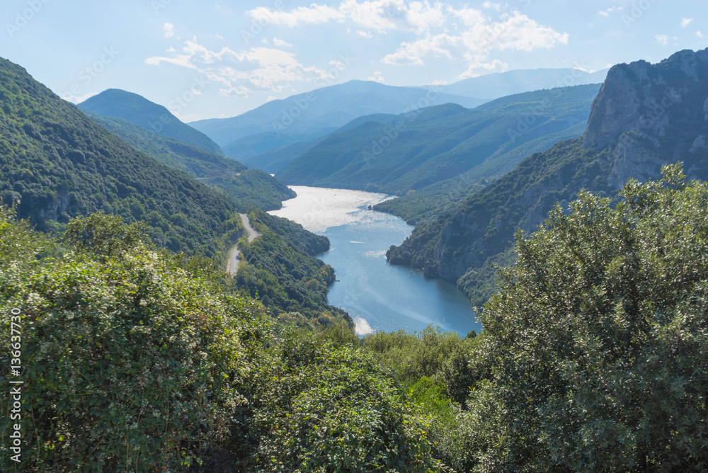 Haliacmon River valley panorama viewed from St. John the Baptist hermitage monastery. Imathia, Central Macedonia, Greece.
