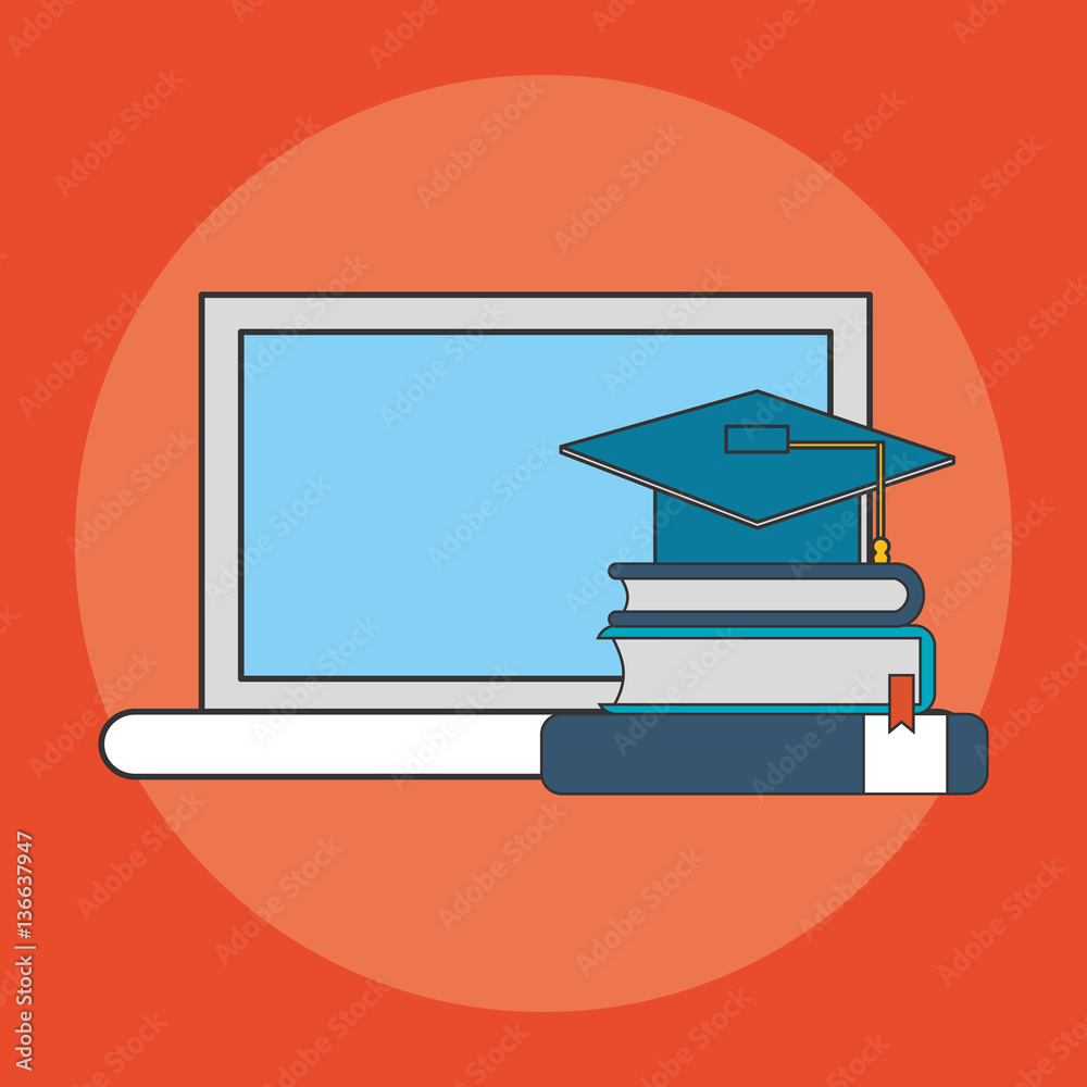 computer with graduation cap and  books over red background. colorful design. vector illustration