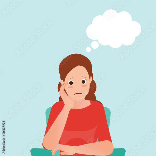 Anxious woman feeling sadness and thought balloon.