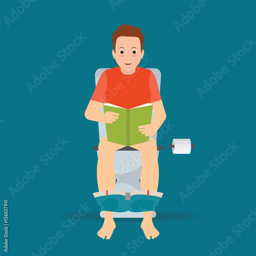Man sitting on toilet bowl and reading a book.