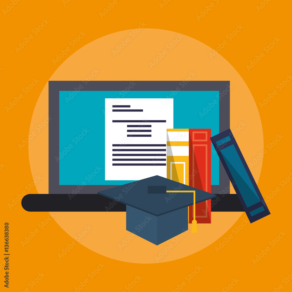 computer with graduation cap and books over yellow background. colorful design. vector illustration computer with graduation cap and books over yellow background. colorful design. vector illustration