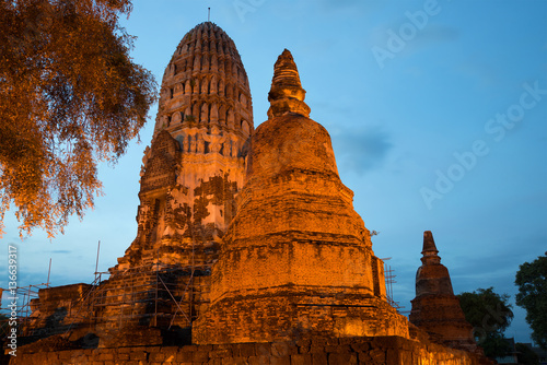  Main prang of the ancient Buddhist temple of Wat Ratcha Burana in the evening twilight. Ayutthaya  Thailand