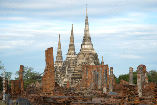   oudy morning on the ruins of the Buddhist temple of Wat Phra Si Sanphet. Ayuthaya  Thailand