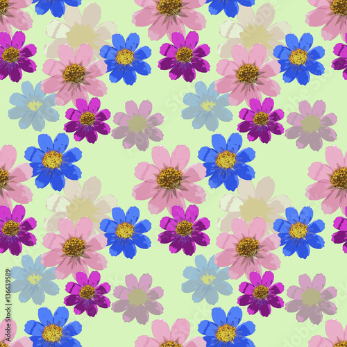Cosmos. Seamless pattern texture of pressed dry flowers.