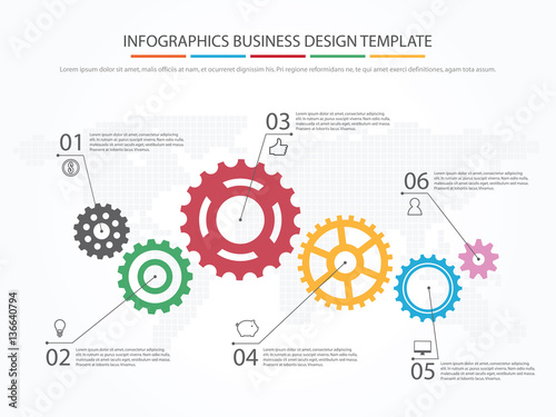 Business infographics. Timeline with 6 steps, gears, cogwheels.
