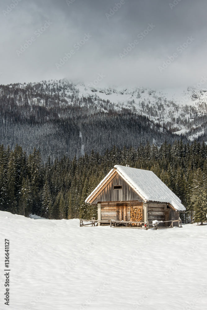 Old traditional shepherd cottage on alpine meadow during winter