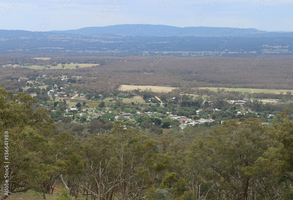 MALDON, VICTORIA, AUSTRALIA - October 16, 2015: The township of Maldon in Central Victoria, as viewed from Mount Tarrengower - site of the historic car hillclimb in October each year