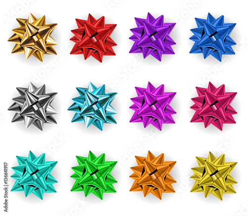 Vector set of beautiful big colorful bow made of shiny ribbons with shadows isolated on white background. Celebration, greeting, decoration elemets for your design