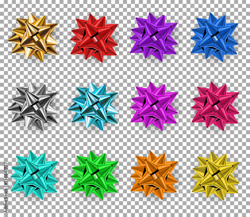 Vector set of beautiful big colorful bow made of shiny ribbons with shadows isolated on transparent background. Celebration, greeting, decoration elemets for your design