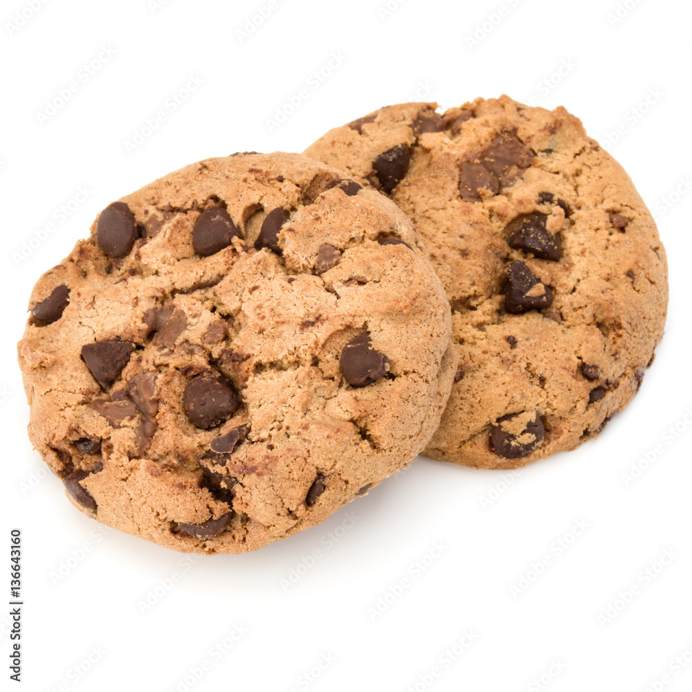 Two Chocolate chip cookies isolated on white background. Sweet b Two Chocolate chip cookies isolated on white background. Sweet b