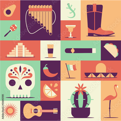 Mexico icons set. Sun, Moai pyramid, tequila, Mexico map, cactus, guitar, peyote, sombrero, chili, maracas, Mexico flag, skull. Vector Mexican poster