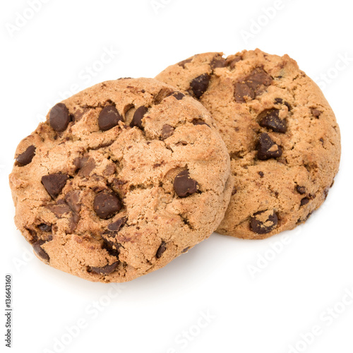 Two Chocolate chip cookies isolated on white background. Sweet b