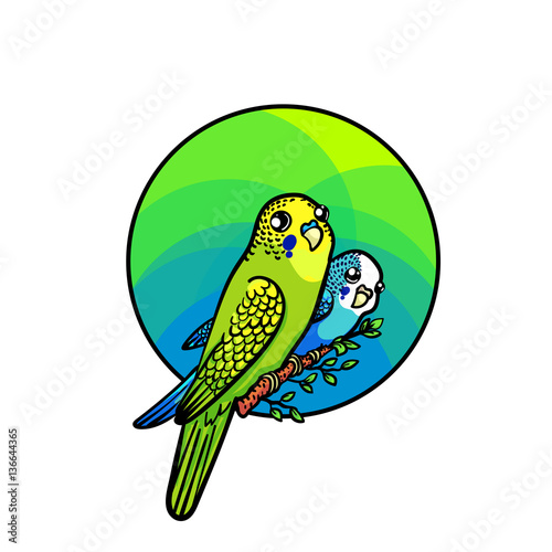 Bright budgie of green and blue colors. Animal art, cute cartoon style, vector hand drawn illustration. Suitable for pet shop or zoo ads, label design or bird food package element