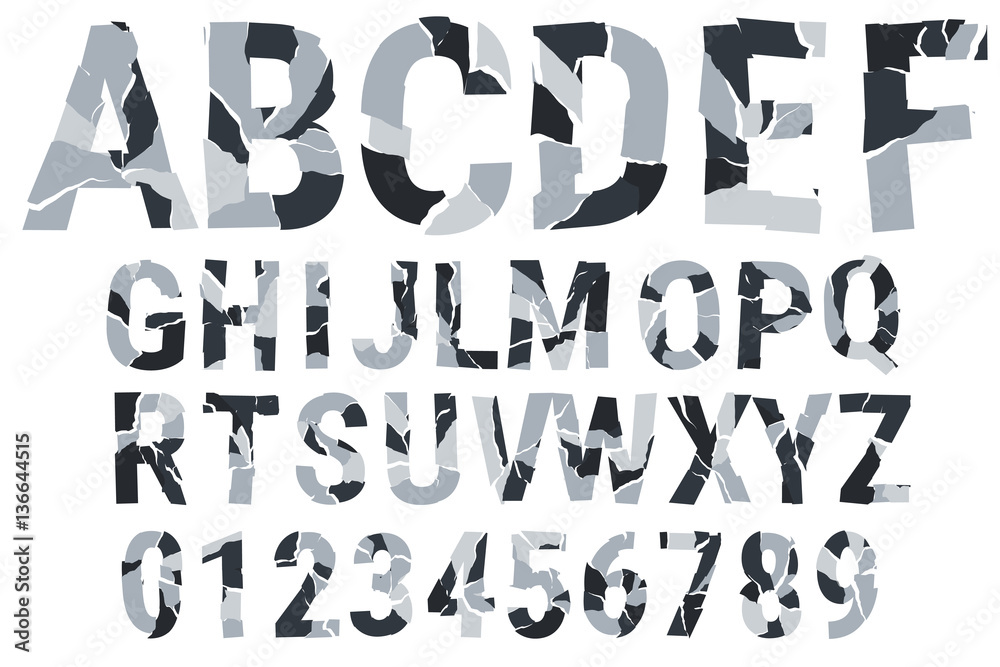 Brocken font - urban camouflage. Decorative alphabet. A-Z, 0-9. Vector illustration Brocken font - urban camouflage. Decorative alphabet. A-Z, 0-9. Vector illustration