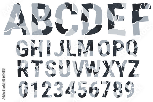 Brocken font - urban camouflage. Decorative alphabet. A-Z  0-9. Vector illustration