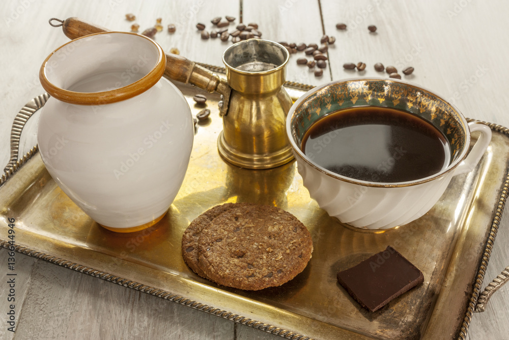 Fototapeta premium Vintage tray with coffee, milk, chocolate and cookies