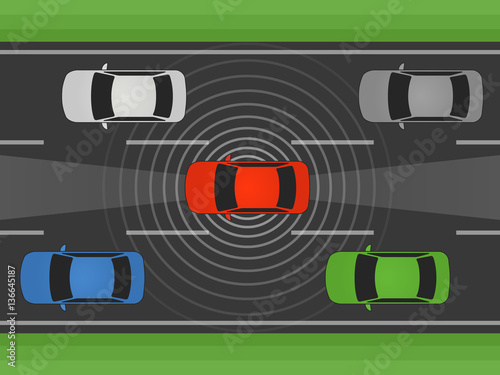 Autonomous self driving car, vehicle or automobile with lidar and radar flat vector illustration