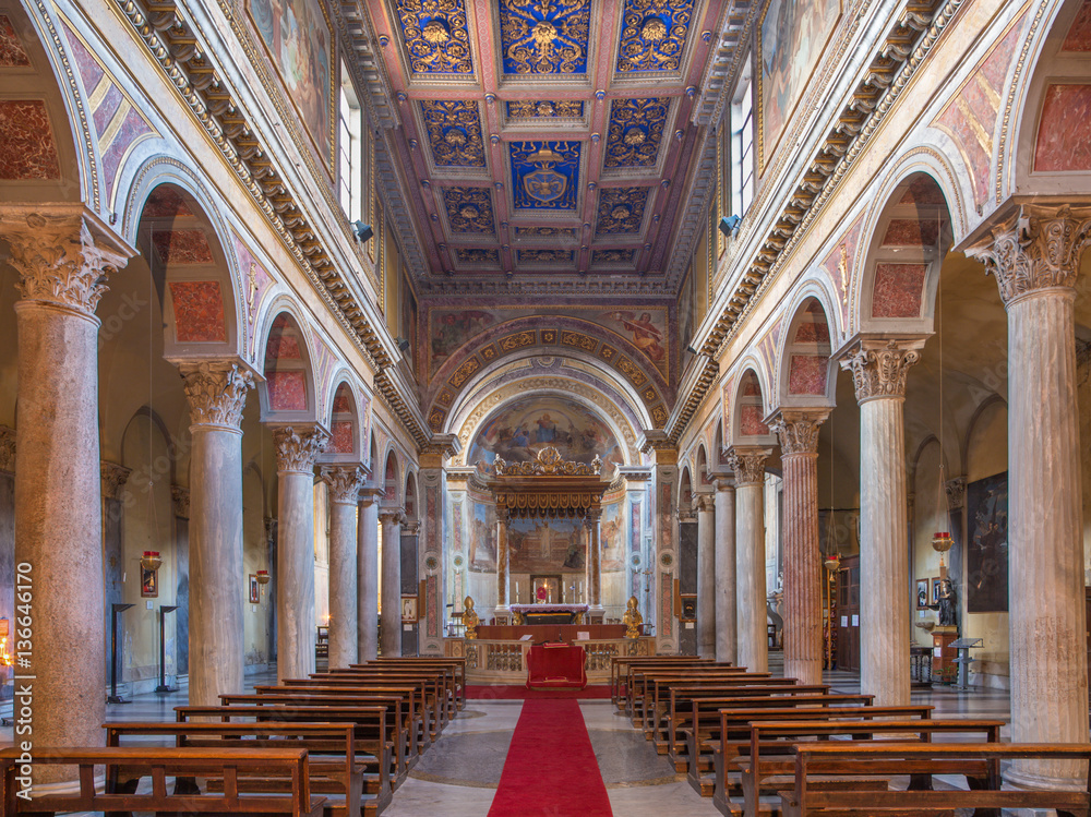 ROME, ITALY - MARCH 11, 2016: The nave of church Basilica di San Nicola in Carcere.