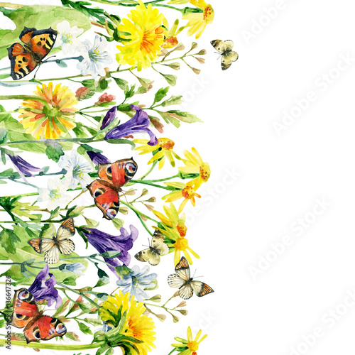 Meadow watercolor flowers card with butterfly.