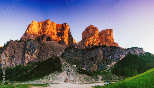 Rocky Mountains at sunset. Dolomite Alps Italy