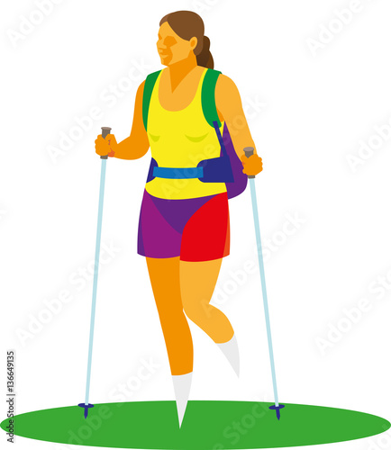young woman is engaged in Nordic walking with ski poles