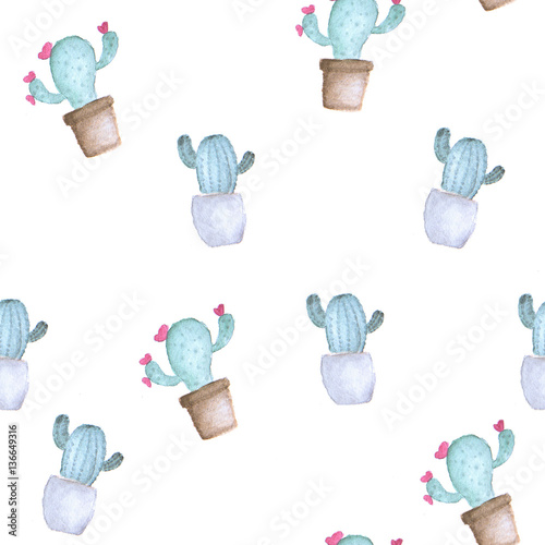 Watercolor seamless pattern cactus in a pot.