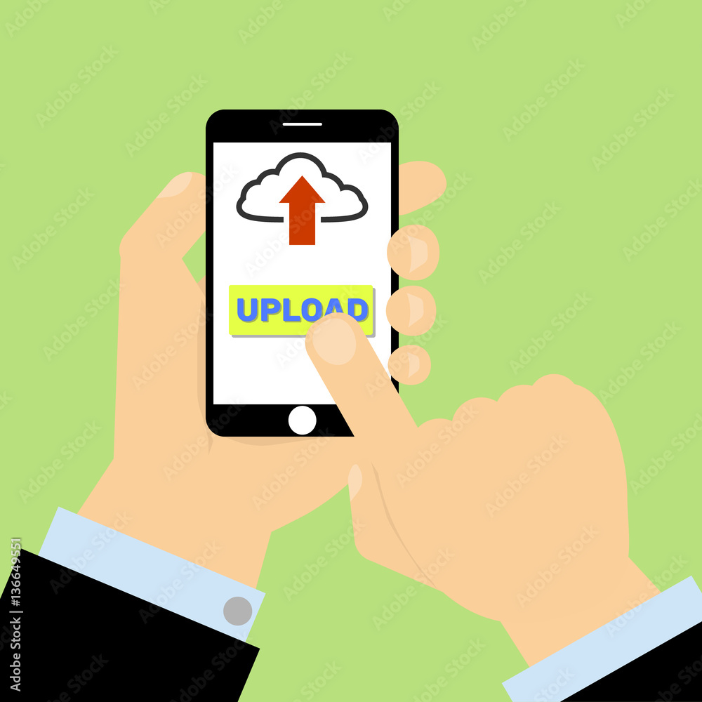 Finger presses upload button on smartphone Finger presses upload button on smartphone