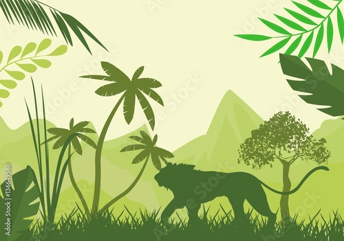 Silhouette of green lion and wild jungle, trees.