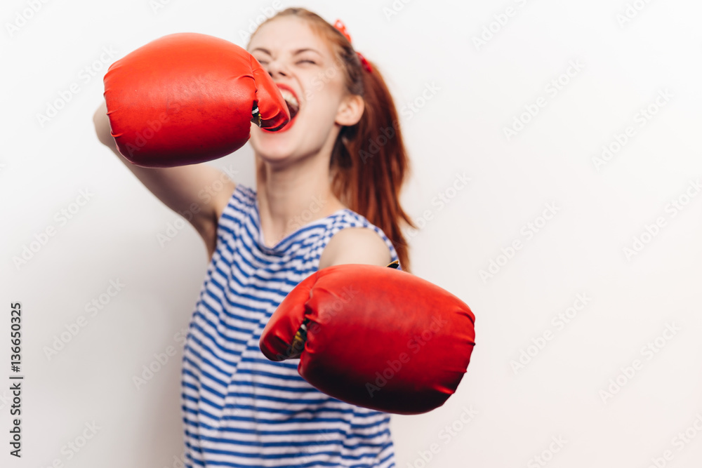 boxing gloves, aggression, red-haired woman