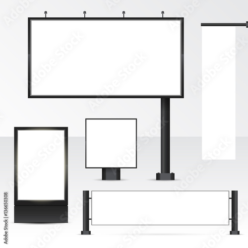 Set objects of outdoor advertising. Template for branding on white background. Mockup billboard, city light, horizontal and vertical banners. Vector illustration.