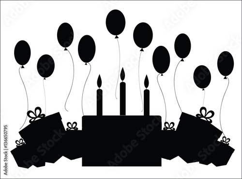 card with a silhouette of a cake with candles, balloons, birthday gifts, vector image