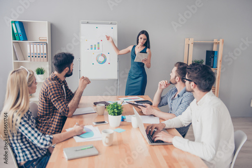 Businesswoman making presentation and showing financial statisti photo