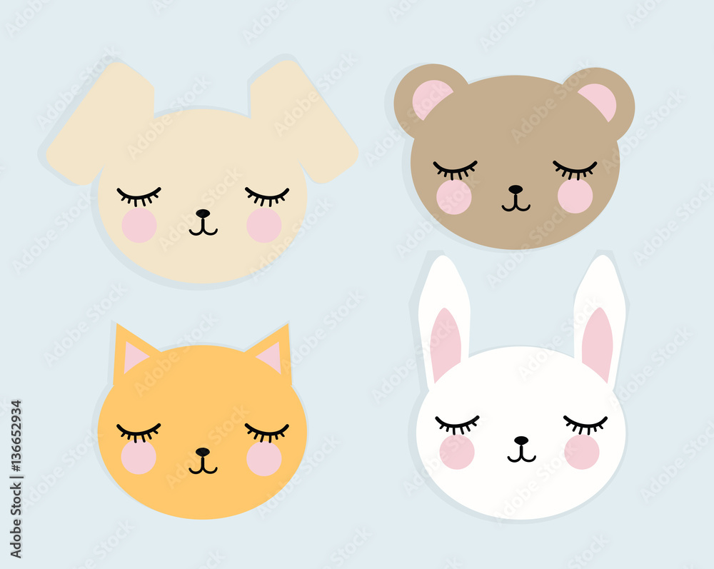 Face of cute animals with eyes closed, vector image