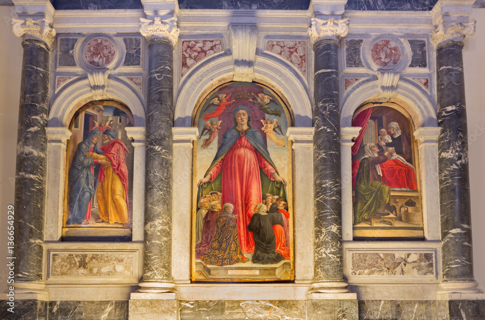 VENICE, ITALY - MARCH 12, 2014: La vergine della misericordia (Virgin of grace) by Bartolomeo Vivarini (1432 - 1491) Basilica di san Giovanni e Paolo church.