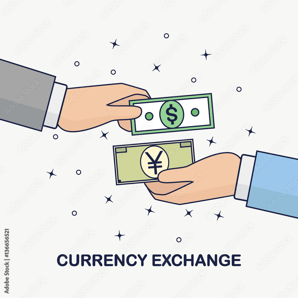Currency exchange. Foreign money transfer. Dollar, yen (yuan) symbol.  Forex, business concept. Human hand holds bank bill, cash isolated on  background. Flat outline cartoon design. Vector illustration Stock Vector |  Adobe Stock
