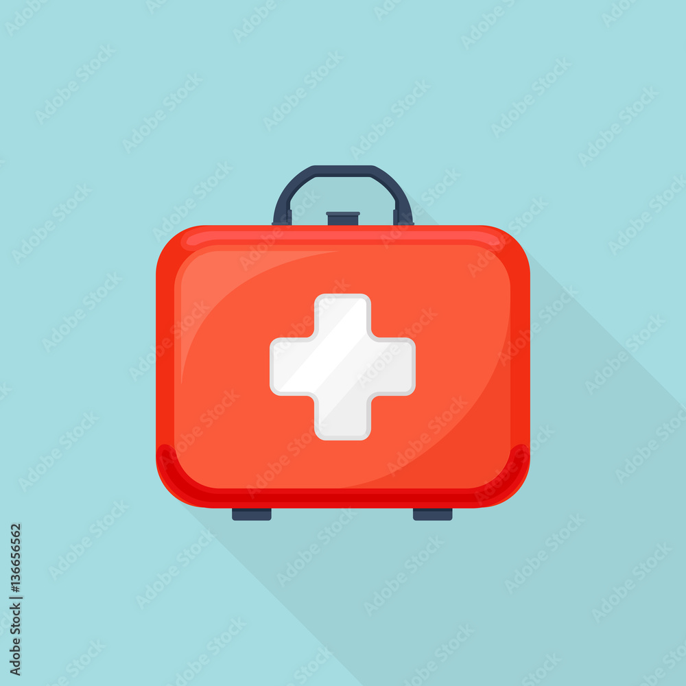 First aid kit box isolated on background. Vector illustration. Flat cartoon  style Stock Vector | Adobe Stock