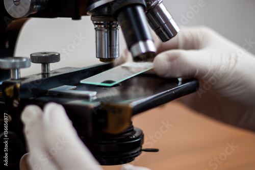A young doctor study at the microscope, carefully holding a copy