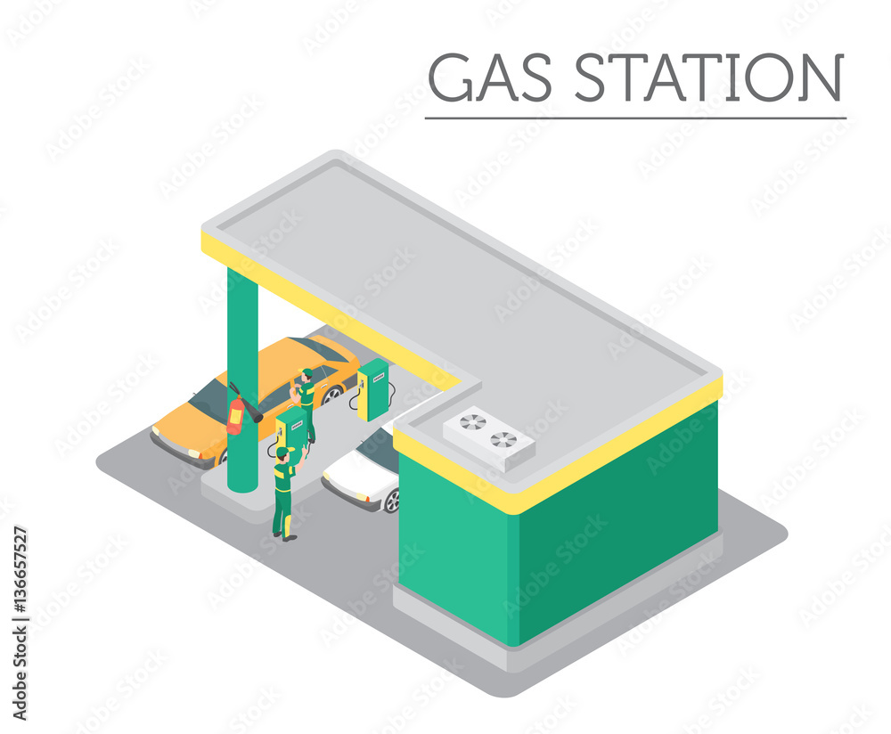 Flat 3d isometric Gas station and city map constructor elements Flat 3d isometric Gas station and city map constructor elements
