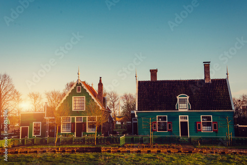 Comfortable houses at sunset. Beautiful traditional wooden in Holland