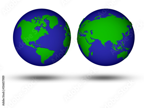 Two globes showing different continents isolated on a white background