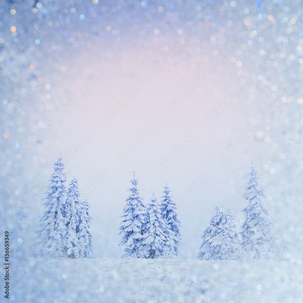 magical winter snow covered tree, background with some soft high